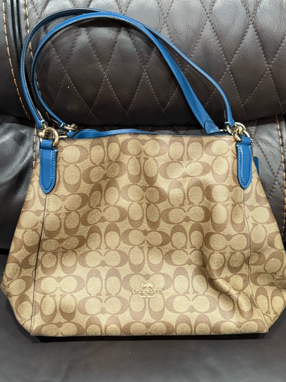Coach Brown Signature Canvas Shoulder Bag with Blue Trim